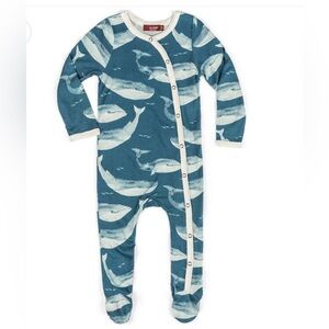NWT Milkbarn Bamboo Footed Romper Sleeper Blue Whale Pattern Snap Front 3-6 mos